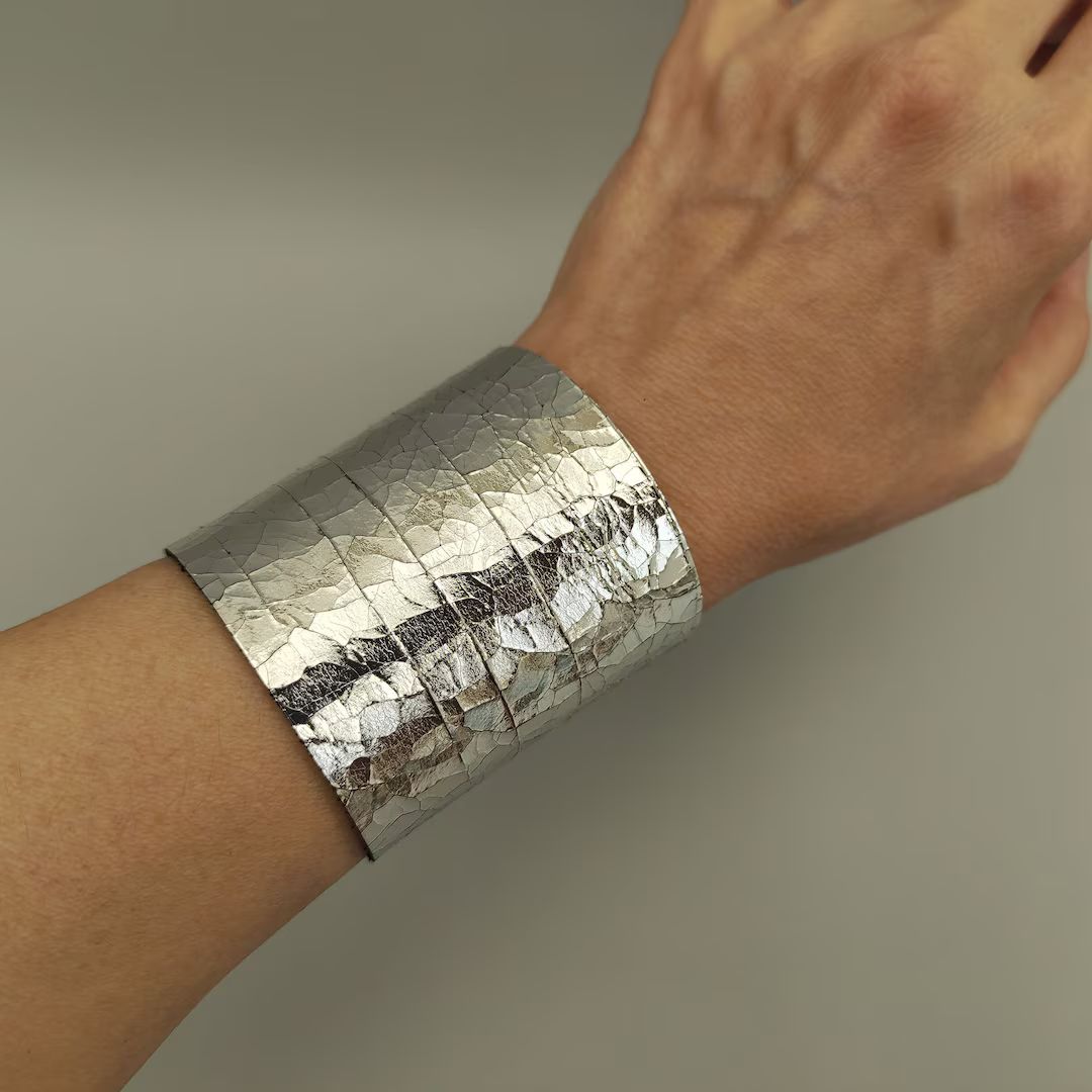 Cracked Silver Leather Bracelet Metallic Leather Cuff Wide Wristband - Etsy | Etsy (US)