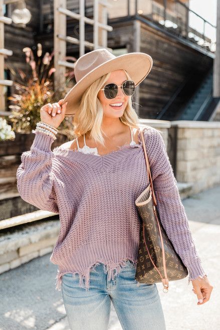 Commitment To Cool Dusty Purple Distressed Sweater SALE | The Pink Lily Boutique