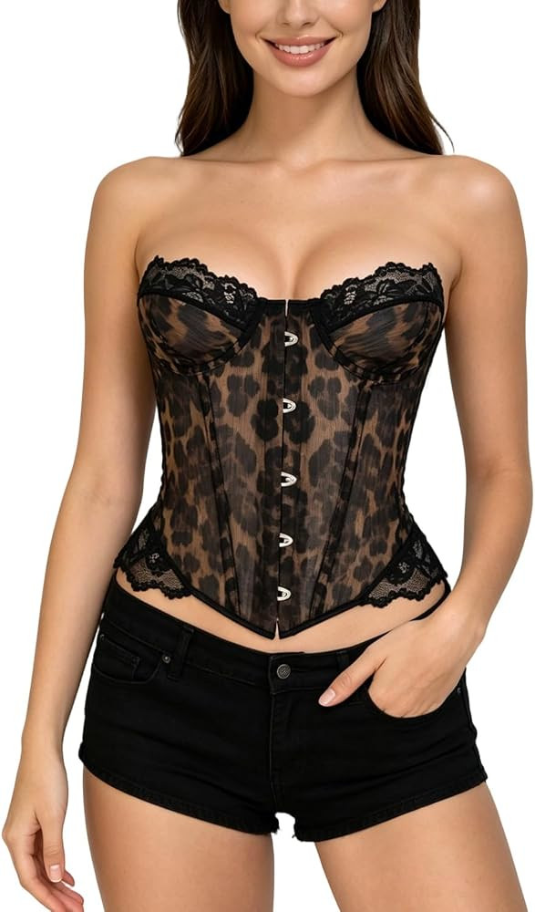 Leopard Lace Strapless Corset Bustier Hourglass Waist Trainer Top | Amazon (US)