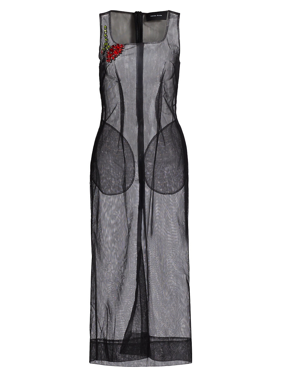 Women's Embellished Sheer Tulle Midi-Dress - Black Red Multi - Size 2 | Saks Fifth Avenue