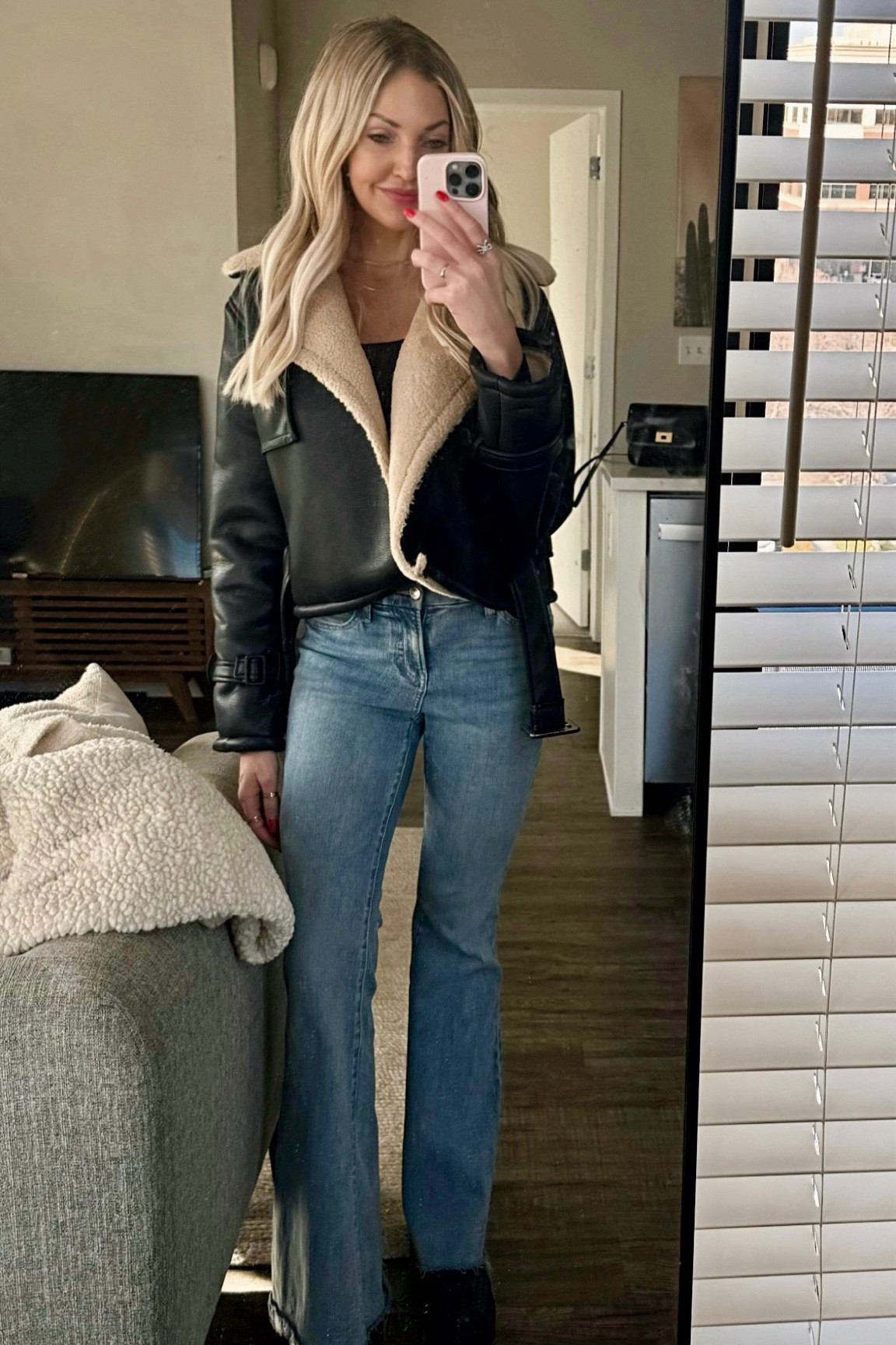 Faux leather sherpa jacket + flare jeans 🖤

Wearing size XS in the jacket and would say it fits tts. There’s plenty of room to layer underneath 

#LTKSeasonal