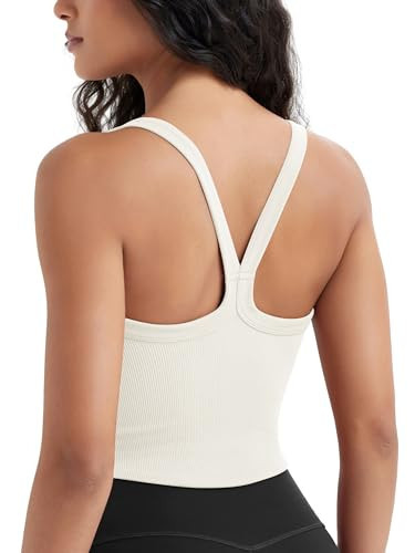 ODODOS Women's Seamless Crop Cami Wide Scoop Neck Ribbed Soft Open Racerback Cropped Tank, Milk White, Small | Amazon (US)