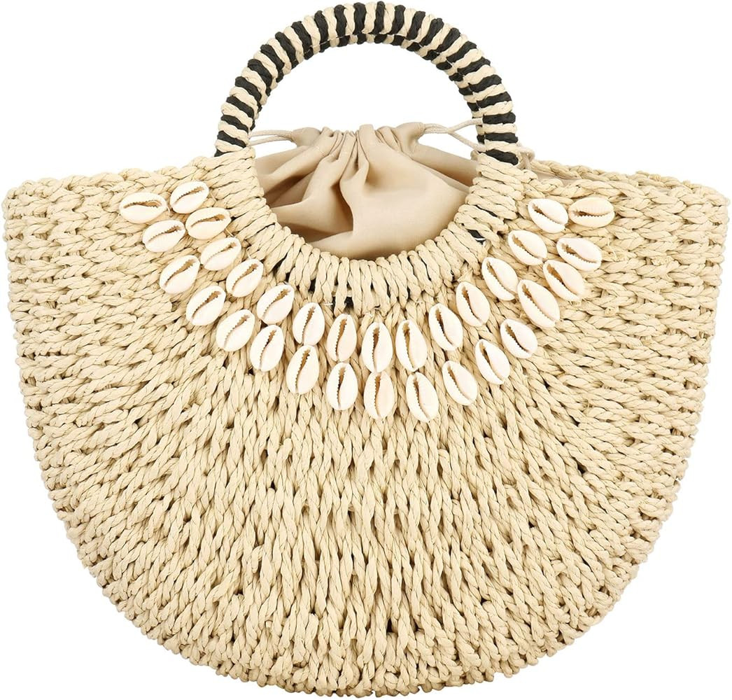 Beach Bag for Women Straw Top-Handle Bags Summer Woven Beach Tote Bag | Amazon (US)