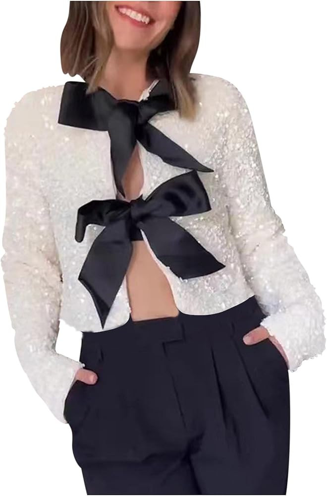 Women’s Sequin Tops Trendy Cute Bow Tie Front Velvet Shirt Holiday Glitter Party Long Sleeve Cr... | Amazon (US)