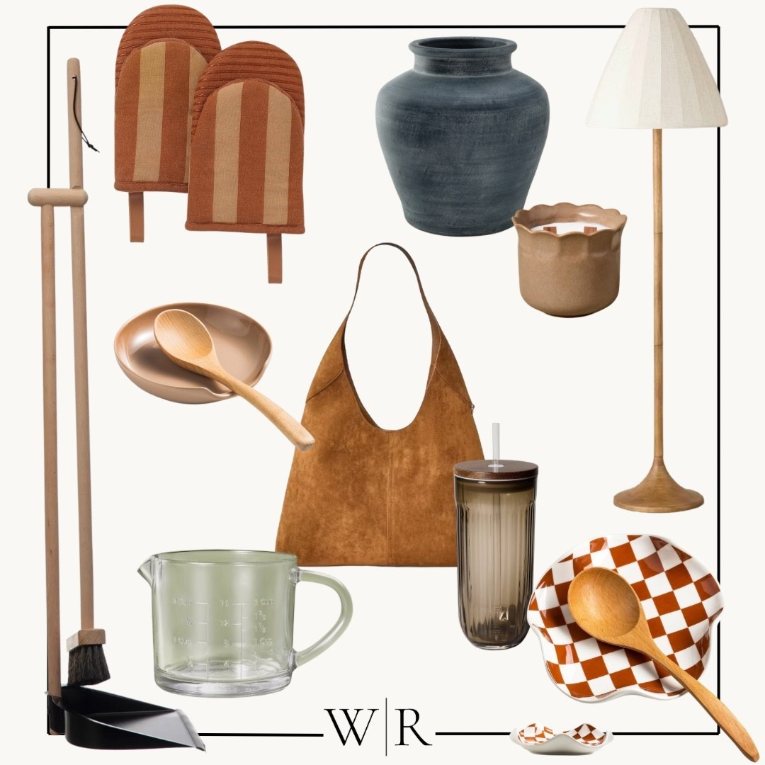Brown suede purse. Brown ribbed tumbler. Checked spoon rest. Glass measuring cup. Wooden broom. Lamp. Candle fall vibes. 

#LTKSaleAlert #LTKSeasonal #LTKHome