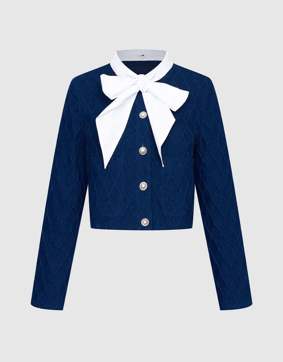 Bow Textured Faux Pearl Button Denim Jacket | Urban Revivo