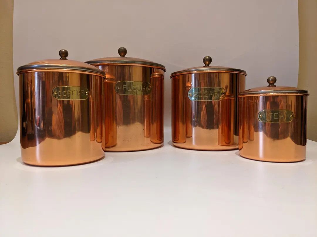 Vintage 70s 80s Copper Toned Metal Nesting Canister Set - Tayee Taiwan - Tea Coffee Sugar Flour -... | Etsy (US)