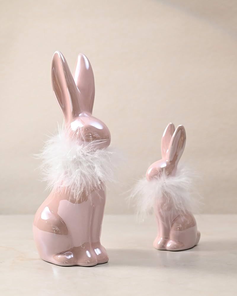 Easter 2PCS Bunny Figurine Decor Pink and White Ceramic Rabbit Statues with Fluff on Neck Plush E... | Amazon (US)