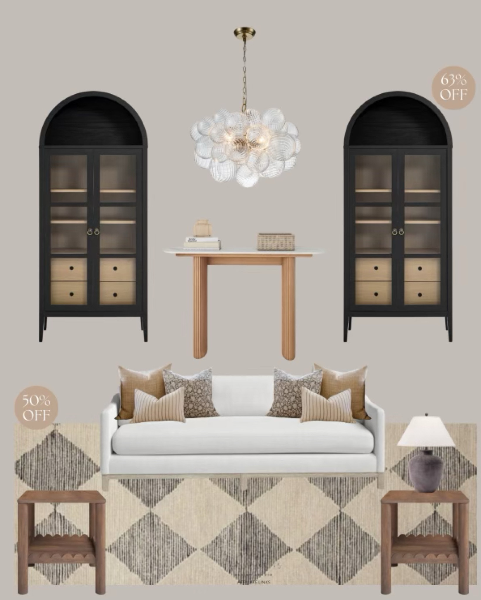 Wayfair Home Decor
Display cabinet / console table / modern liner chandelier / upholstered sofa / accent table / table lamp / area rug 

#LTKFindsUnder100 #LTKHome #LTKSaleAlert