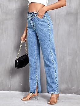 SweatyRocks Women's High Waisted Straight Leg Long Jeans Asymmetrical Waist Denim Pants | Amazon (US)