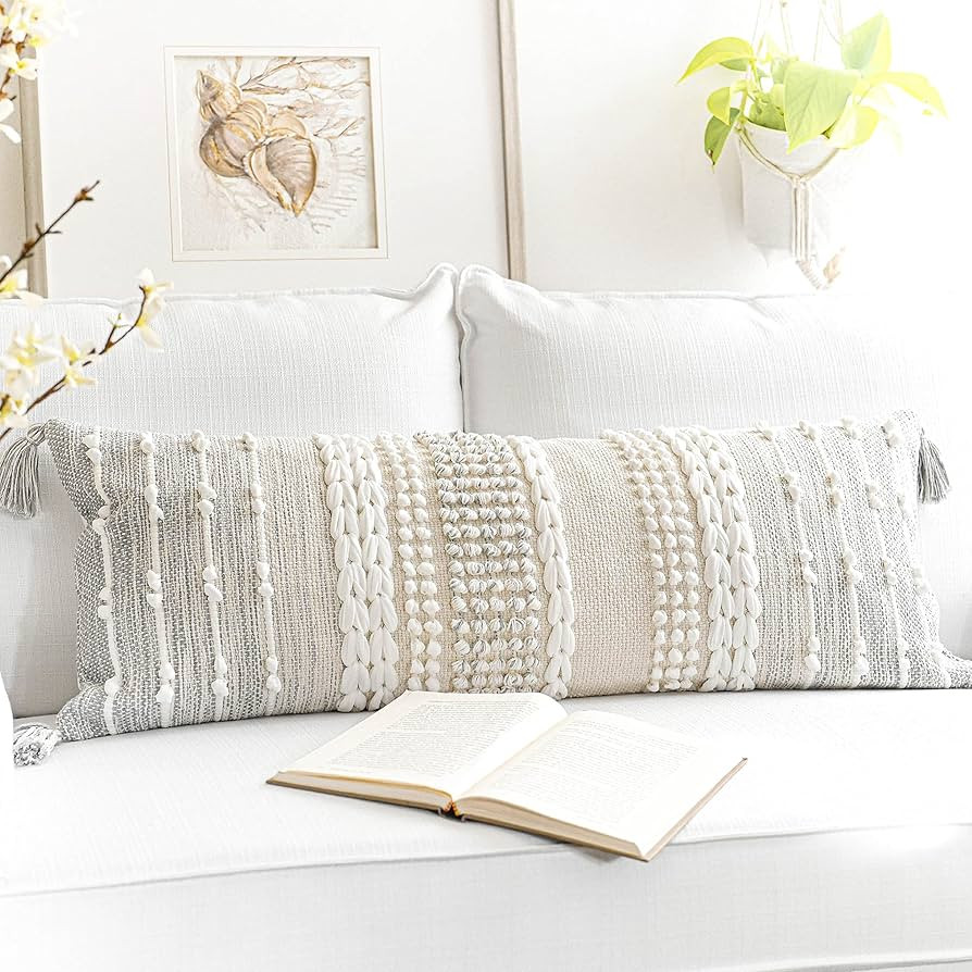 BlissBlush Gray Decorative Lumbar Pillow Cover 14x36, Boho Long Throw Pillow for Bed, Accent Lumb... | Amazon (US)