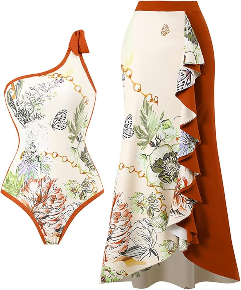 Womens Swimsuit Women 1 Piece Swimwear+1 Piece Cover UP Two Piece Vintage Print Swimsuit Monokini... | Amazon (US)