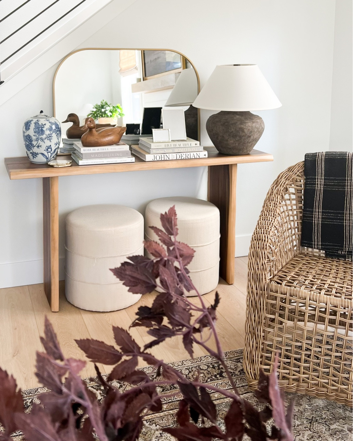 Affordable world market console table, cream off white round mudcloth ottomans from Target studio McGee for threshold modern farmhouse transitional home decor entry way table living room rattan bistro chair dining chair large black lamp vintage look affordable home decor Homebyjulianne Loloi rug Layla charcoal olive affordable Amazon rug Amazon home decor 

#LTKhome #LTKSeasonal #LTKunder100