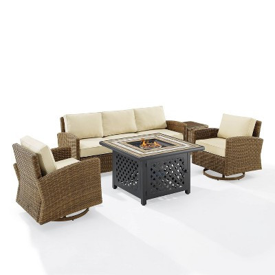 Crosley 5pc Bradenton Swivel Steel Outdoor Patio Fire Pit Furniture Set with Sunbrella Tan/Brown: All-Weather Wicker, Gas Fire Table | Target