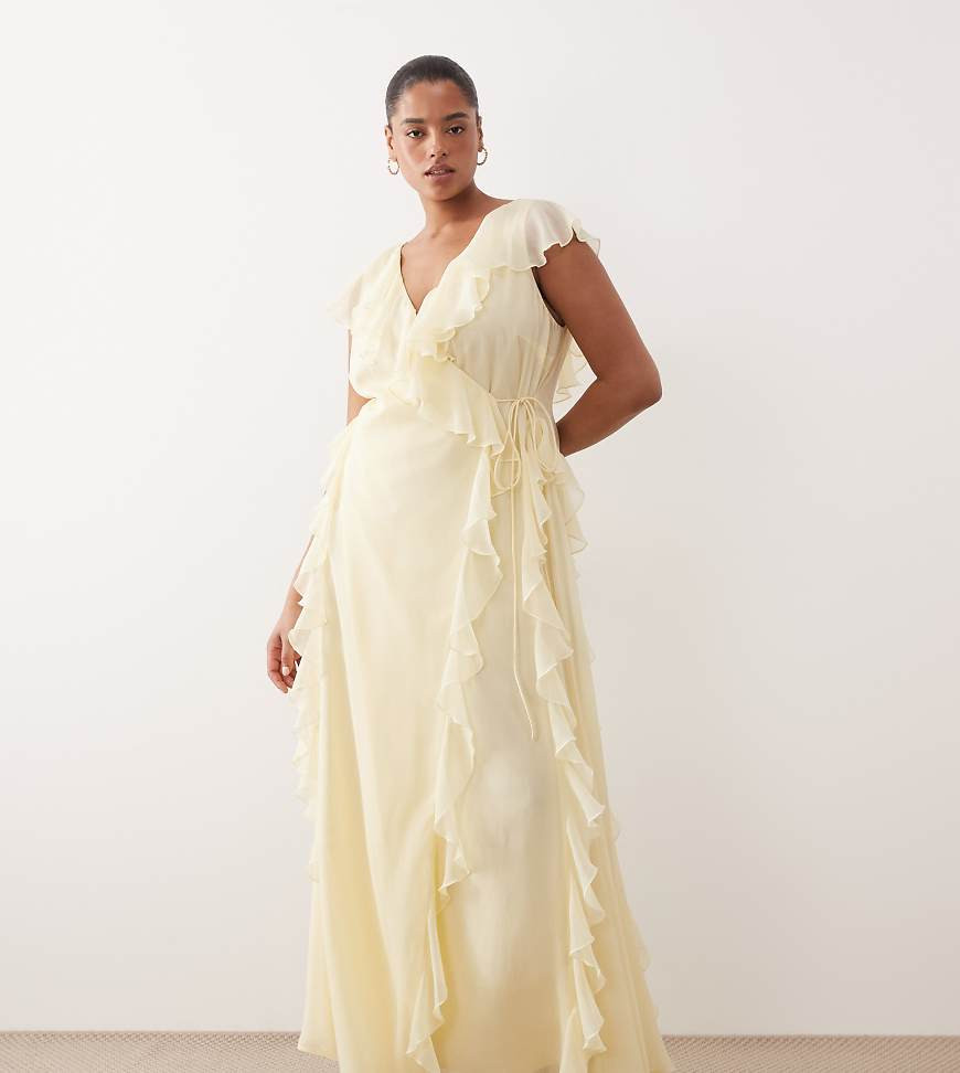 ASOS DESIGN Curve bridesmaids wrap front ruffle maxi dress in pale yellow | ASOS (Global)