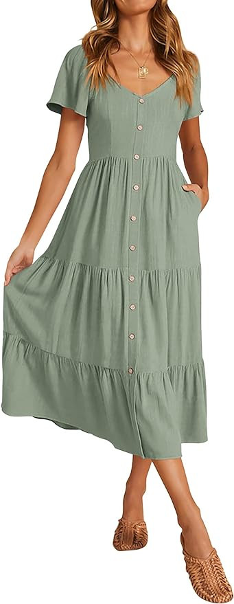 KIRUNDO Women 2025 Spring Summer Casual Linen Short Sleeve Midi Dress Button V Neck Tiered Vacati... | Amazon (US)