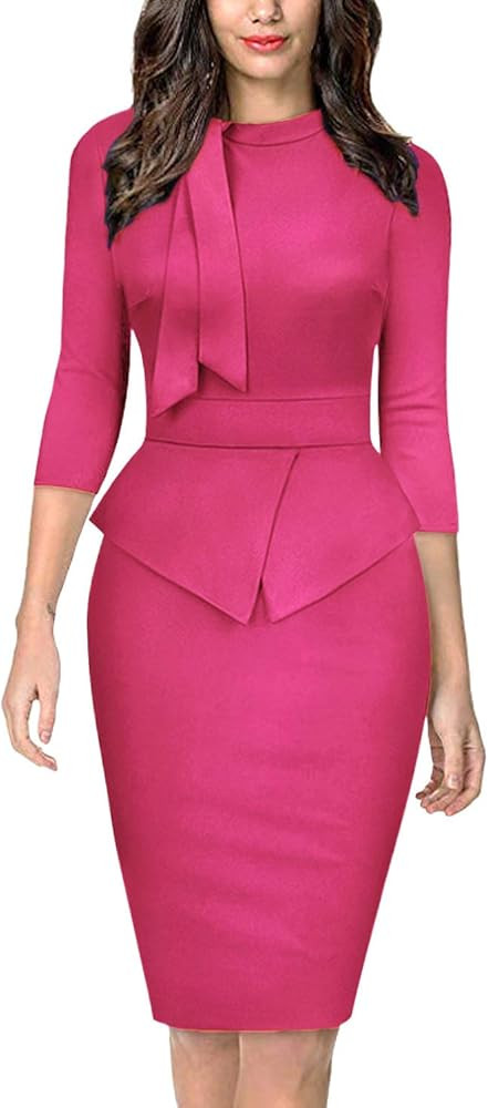 Moyabo Women's Tie Neck Vintage Bodycon Peplum Business Formal Work Pencil Dress | Amazon (US)