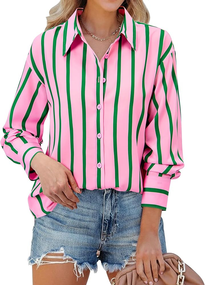 siliteelon Button Down Shirts for Women Striped Long Sleeve Oversized Boyfriend Blouses Collared ... | Amazon (US)