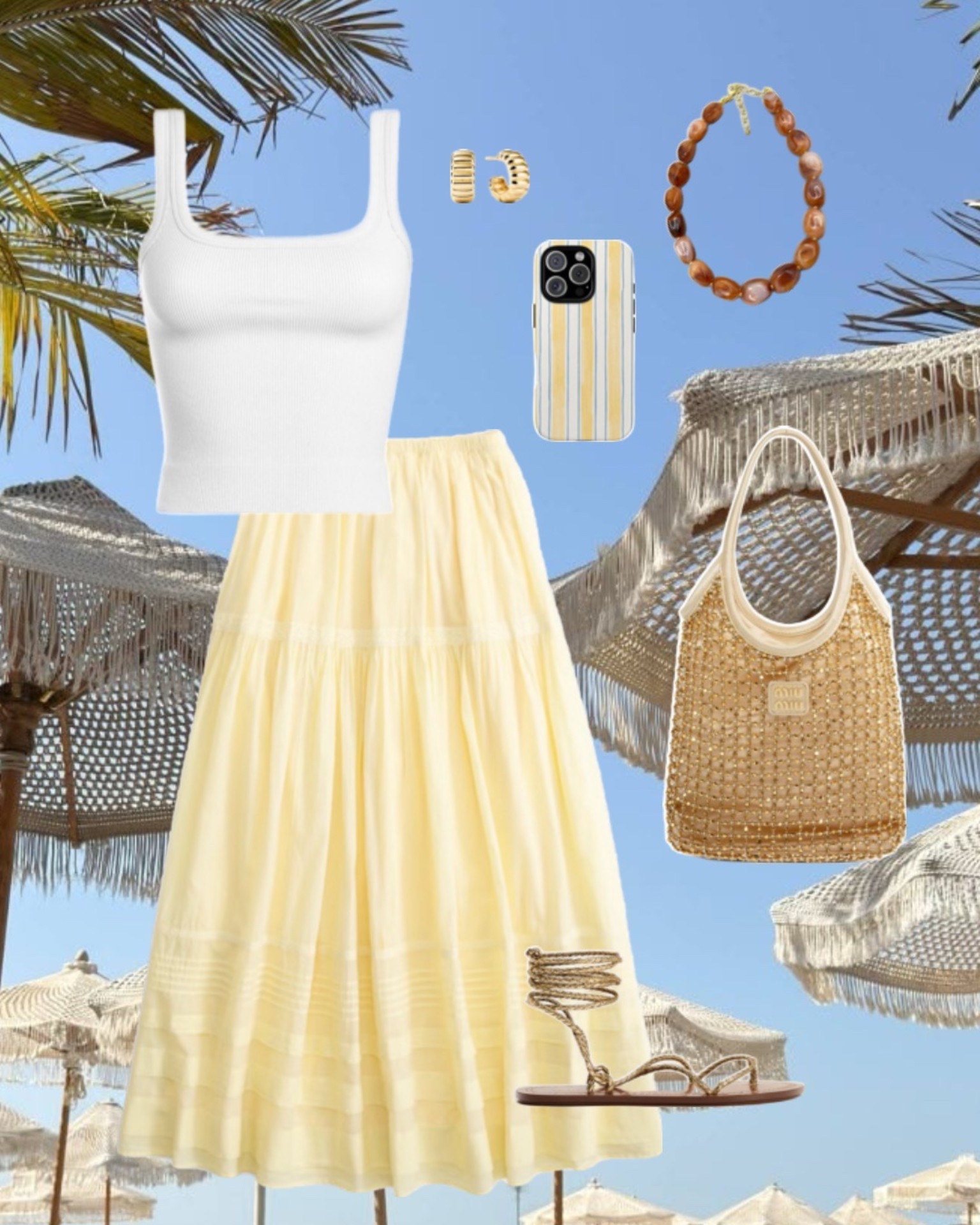 Soft resort neutrals for your next beach escape ✨ 

butter yellow midi skirt, white fitted tank, woven tote, strappy sandals, effortless vacation outfit, beach club look, European summer style, coastal chic, neutral outfit inspo, spring break outfit, warm weather essentials, resort wear, elevated casual look, vacation capsule wardrobe, feminine summer outfit

#LTKSeasonal #LTKTravel