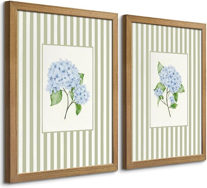 Blue Hydrangea Wall Art Set of 2, Real Wood Framed Coastal French Country Floral Pictures, Grandm... | Amazon (US)
