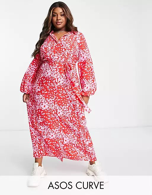 ASOS DESIGN Curve tie front shirt dress in red daisy print | ASOS (Global)