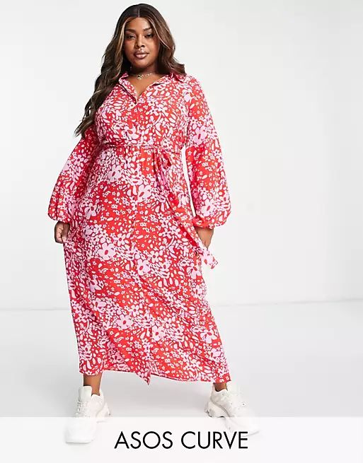 ASOS DESIGN Curve tie front shirt dress in red daisy print | ASOS (Global)