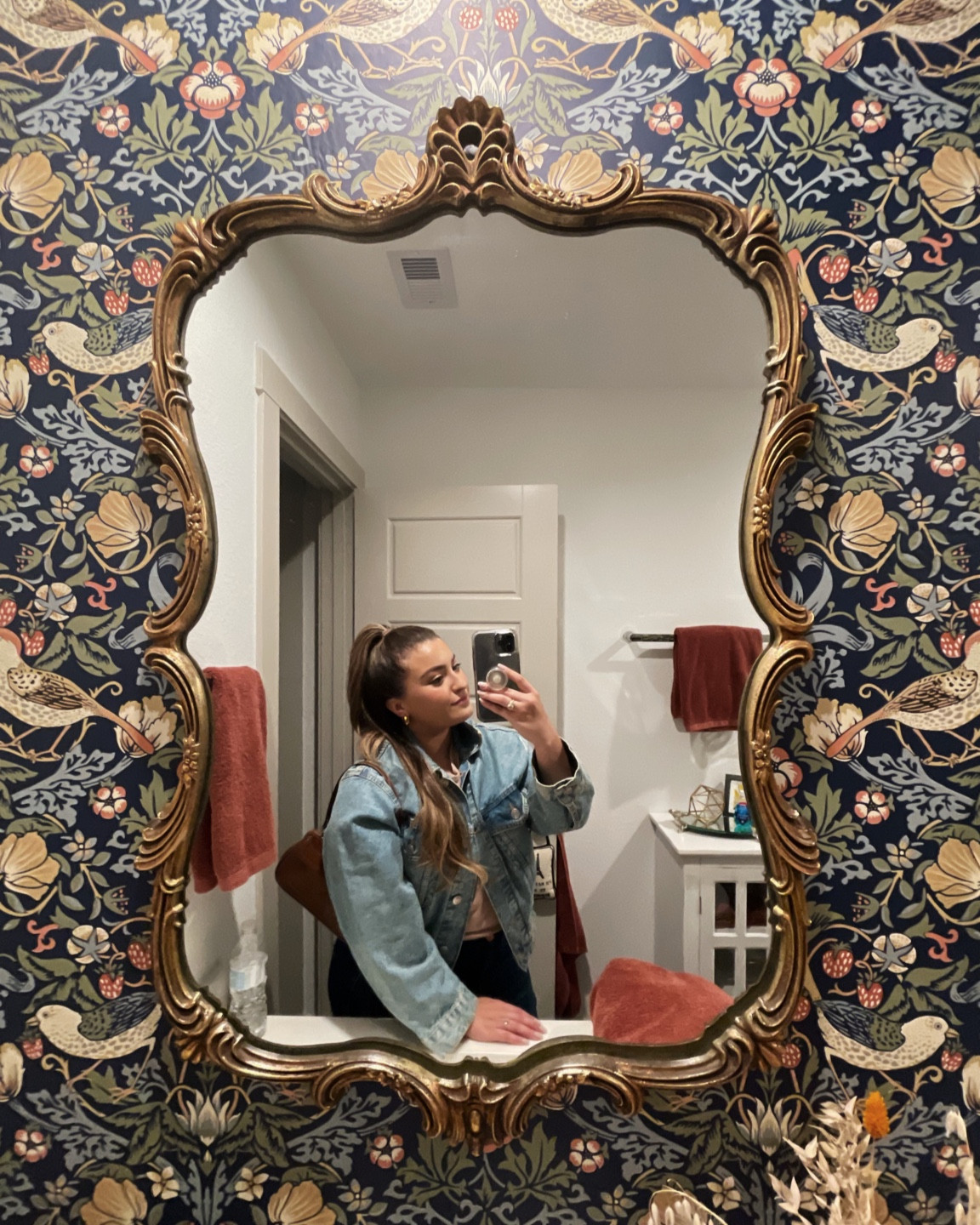 I’m obsessed with my bathroom upgrade! My mirror is a rare vintage find, but I linked some similar ones!🪞🕊  Home Depot has some STUNNING and affordable wallpaper options, so if your bathroom needs a little refresh then grab some wallpaper and a beautiful gold accent mirror.✨

#LTKunder50 #LTKHoliday #LTKhome