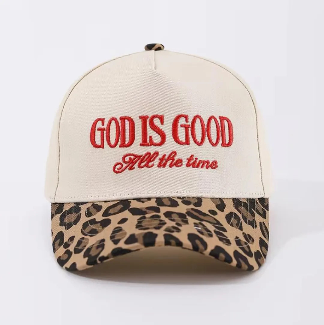 Red Embroidered “God is Good All The Time” Natural & Leopard Print Cotton Trucker Hat | Etsy (US)