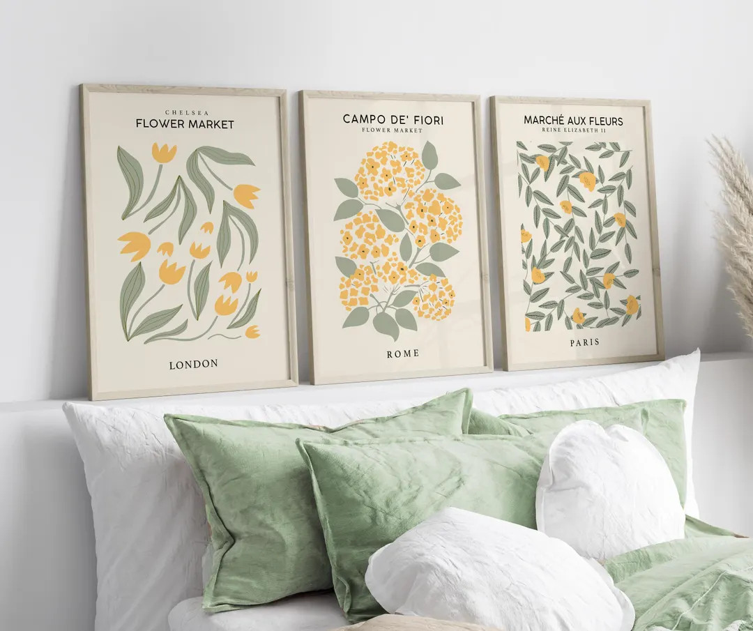 Yellow, Green & Cream Flower Market Prints: Set of 3 | Yellow Floral Art for Neutral Living Room ... | Etsy (Global)