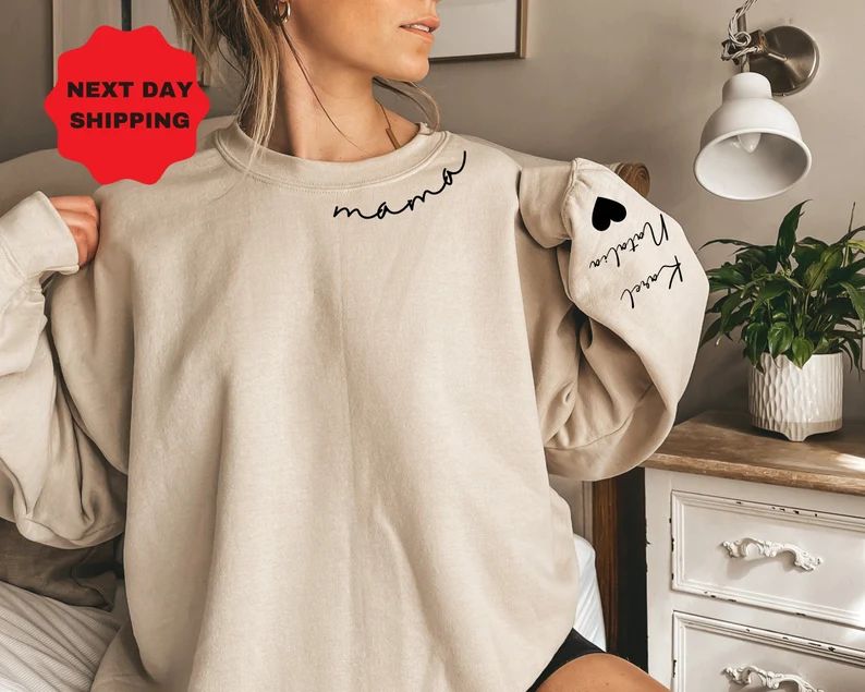 Custom Mama Sweatshirt With Kid Name On Sleeve, Personalized Mom Sweatshirt, Minimalist Momma Hoo... | Etsy (US)