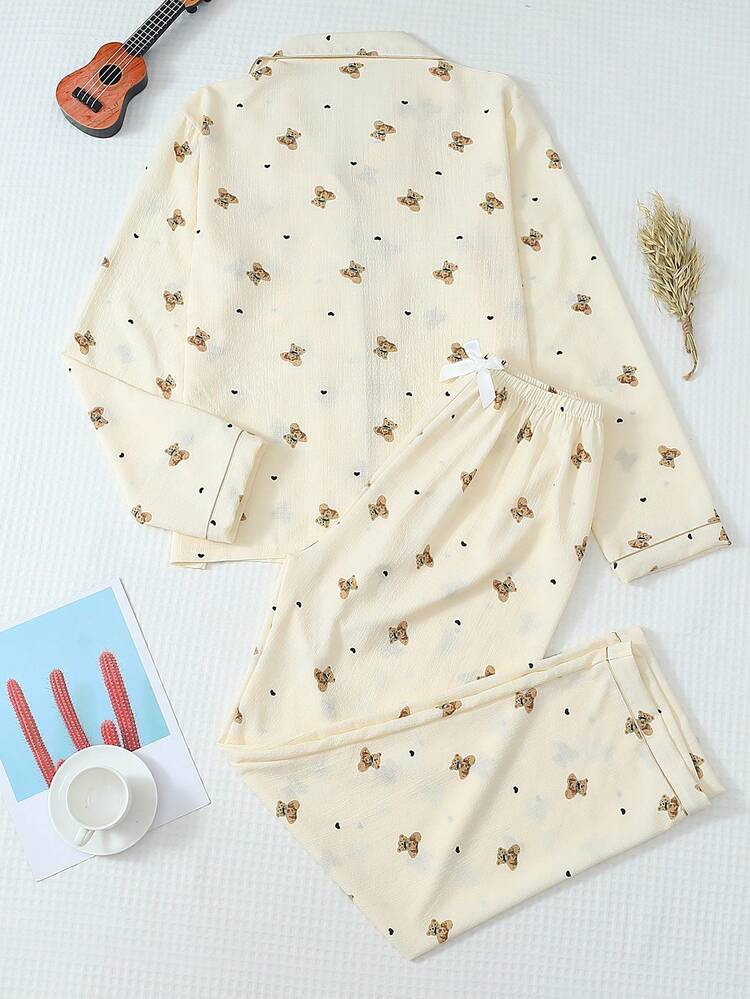 2pcs Women Autumn/Winter Teddy Bear Heart Print Pajama Set, Long Sleeve Button Collar Top And Pants, Casual Sleepwear Homewear, Fall Clothes | SHEIN