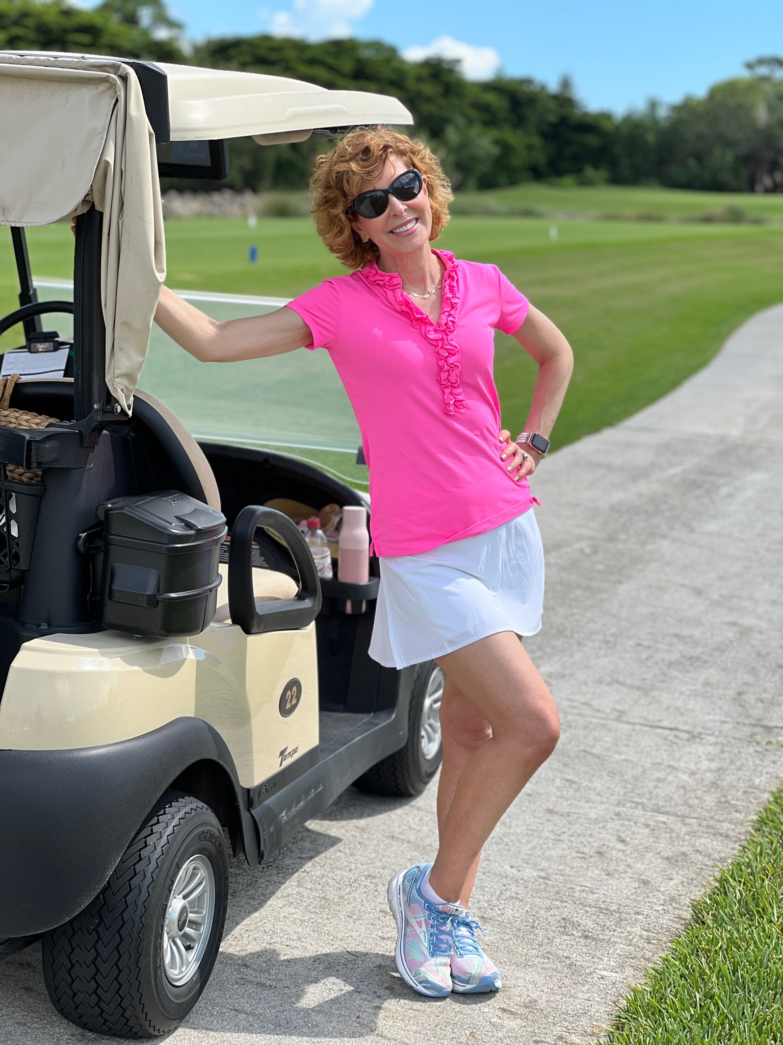 Athleisure, gold outfit, Spanx skirt, Lilly Pulitzer polo shirt, pink top, Barbicore, pink polo, white skirt , sneakers

This golf outfit is so cute! I took a hot neon pink Lilly ruffle neck polo and paired it with a flattering Spanx white skirt. Added sneakers, sunnies, and I’m the perfect ride along partner!



#LTKfit #LTKtravel #LTKunder100