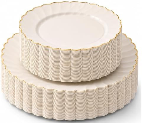 By Madee HEAVYWEIGHT Plastic Plates for Party | 60 Pc Ivory Scalloped Plates with Gold Trim | Fan... | Amazon (US)
