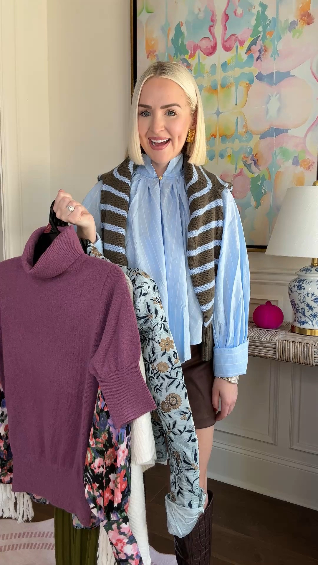 Walmart fall fashion / walmart style / fall bump style
Stripe sweater: small 
Blue blouse: XS
Jacquard jacket: small (could have done XS)
Poncho: XS/SM
Plaid skort: XS (elastic waist)
Purple short sleeve: XS
Olive dress: XS
Floral print top: XS
Brown cardigan: small

#LTKPetite #LTKBump #LTKgrwm