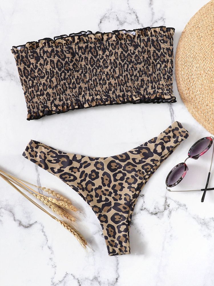 Leopard Print Shirred Bandeau With High Leg Bikini | SHEIN