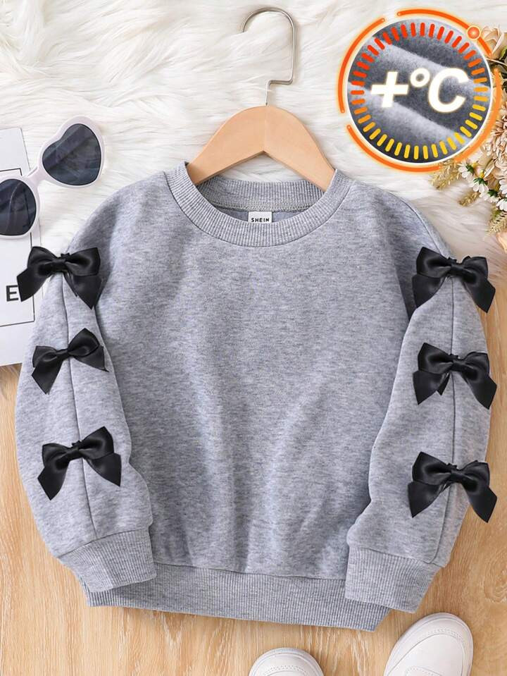 Young Girl & Young Girl Bowknot Decor Round Neck Sweatshirt, Suitable For Everyday Wear | SHEIN