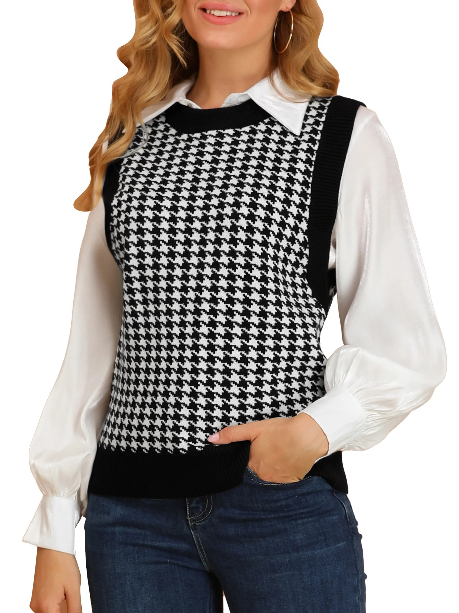Allegra K Women's Round Neck Knitted Sleeveless Houndstooth Plaid Sweater - Walmart.com | Walmart (US)