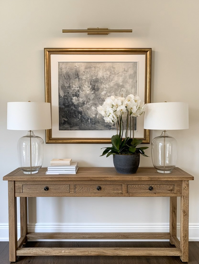The detail that changes everything. ✨

If you already have a beautiful natural wood console table, you don’t need to replace it to make the space feel more elevated. Add two things: antique or brushed gold framed art + a brushed gold picture light.

Gold metal and natural wood are one of those timeless combinations that simply work. The wood brings warmth and grounding energy, while the gold introduces that understated elegance that makes the entire arrangement feel more intentional and modern.

And don’t skip the picture light. During the day, it becomes part of the architecture of the wall. In the evening, it creates a warm layer of light and gives your artwork the attention it deserves.

Add a pair of sculptural lamps and a little greenery, and suddenly a simple console becomes a beautifully designed moment.

Sometimes you don’t need more decor. You need the right details.

Explore our edit for gold-framed art and over-the-art lighting to recreate the look.

#ConsoleTable #GoldFrameArt #PictureLight #ElegantAndDriven 

 #LTKHome