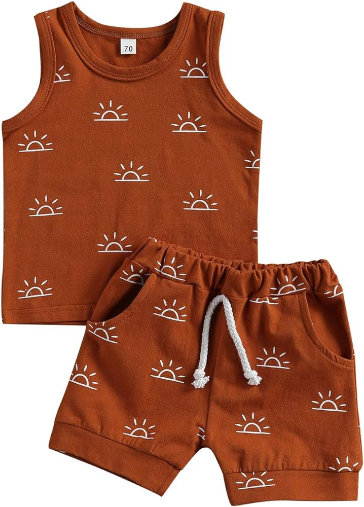 2Pcs Baby Boy Summer Clothes Infant Toddler Beach Outfits Sleeveless Tank Tops Shorts Set | Amazon (US)