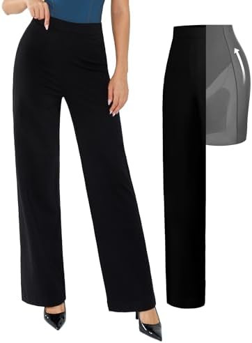 Popilush Dress Pants Women Petite Tummy Control 2 in 1 Work Slack High Waisted Wide Leg with Pock... | Amazon (US)