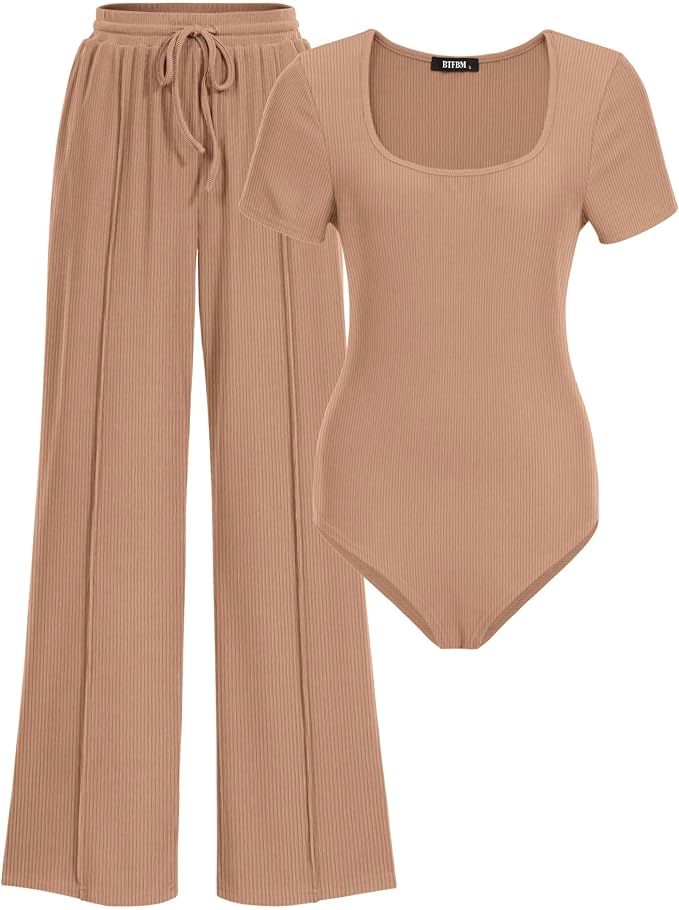 BTFBM Women's Casual 2 Pieces Outfits Square Neck Short Sleeve Shapewear Bodysuit Drawstring Pant... | Amazon (US)