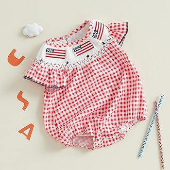 Baby Girl 4th of July Outfit Smocked Bubble Romper Flag Embroidery Fourth of July Bodysuit Patrio... | Amazon (US)