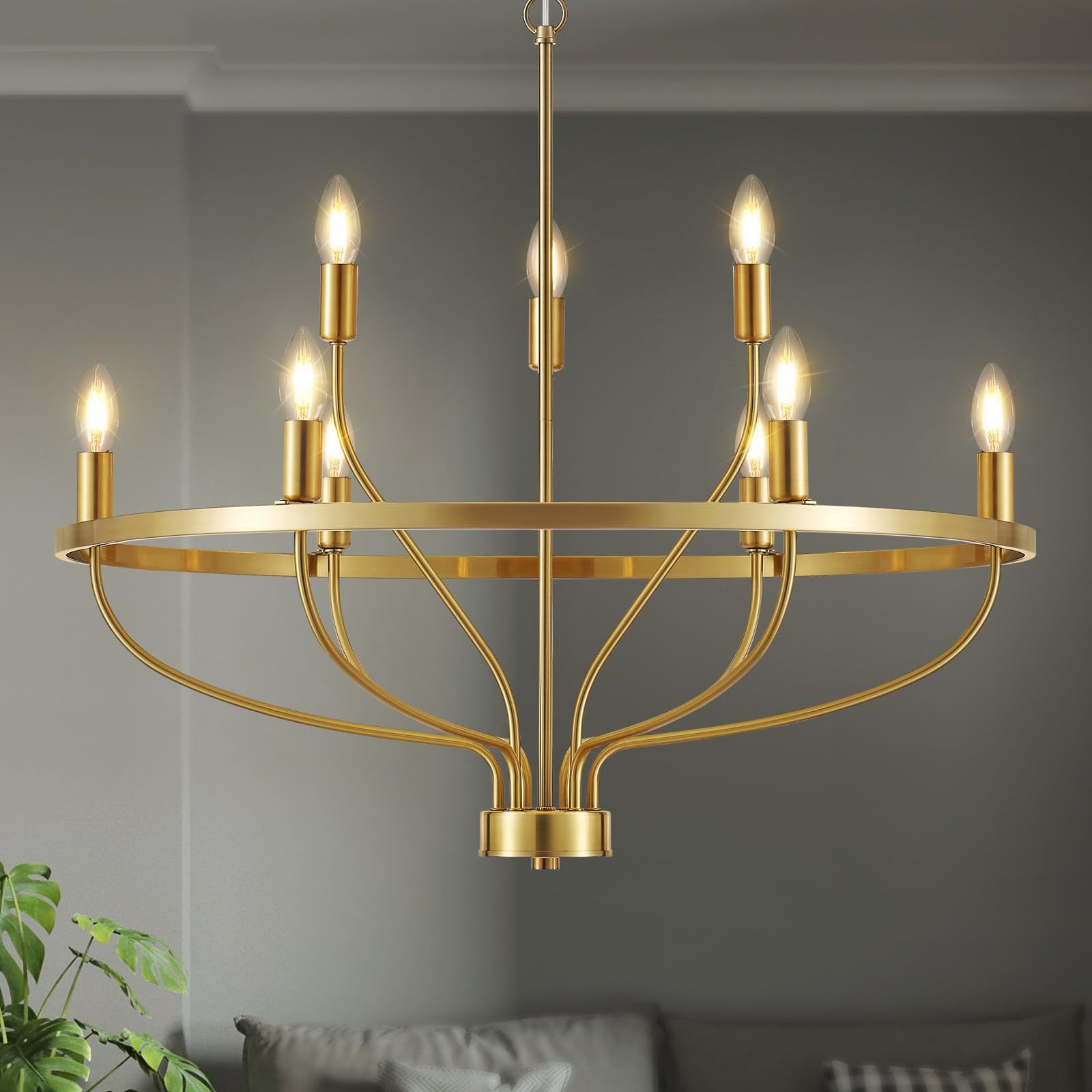Modern 9-Lights Gold Chandelier Vintage Mid Century 30" Candle Style Modern Chandelier Light Fixture Rustic Farmhosue Golden Chandelier for Dining Room, Kitchen Island, Living Room, Bar, E12 | Amazon (US)