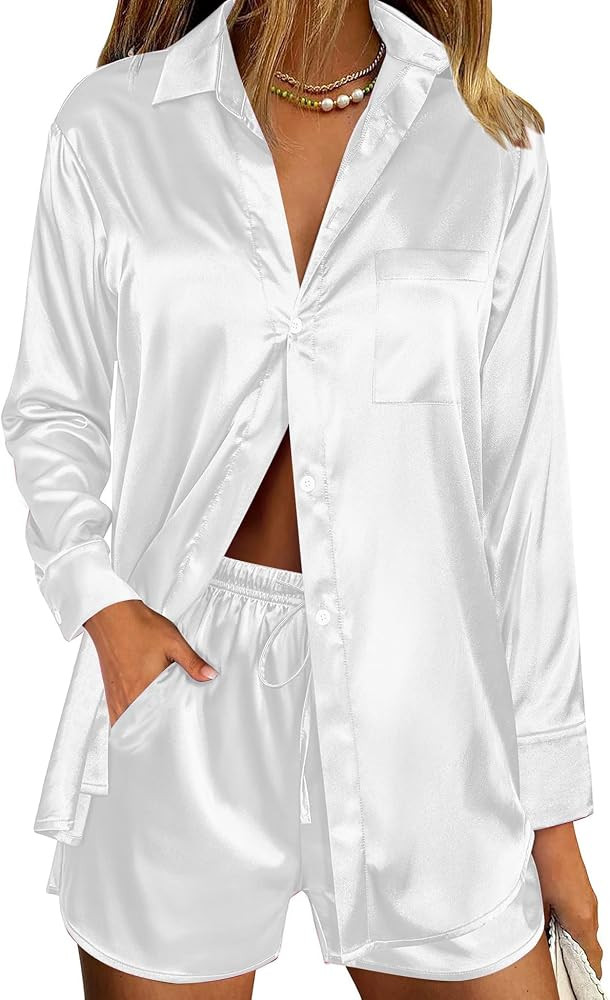 SWOMOG Women's 2 Piece Outfits Silk Button Down Long Sleeve Shirts And Shorts Satin Pajamas Summe... | Amazon (US)