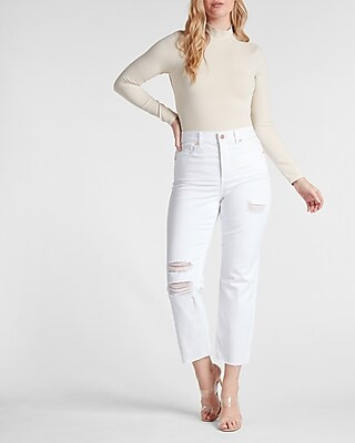 High Waisted White Ripped Straight Ankle Jeans | Express