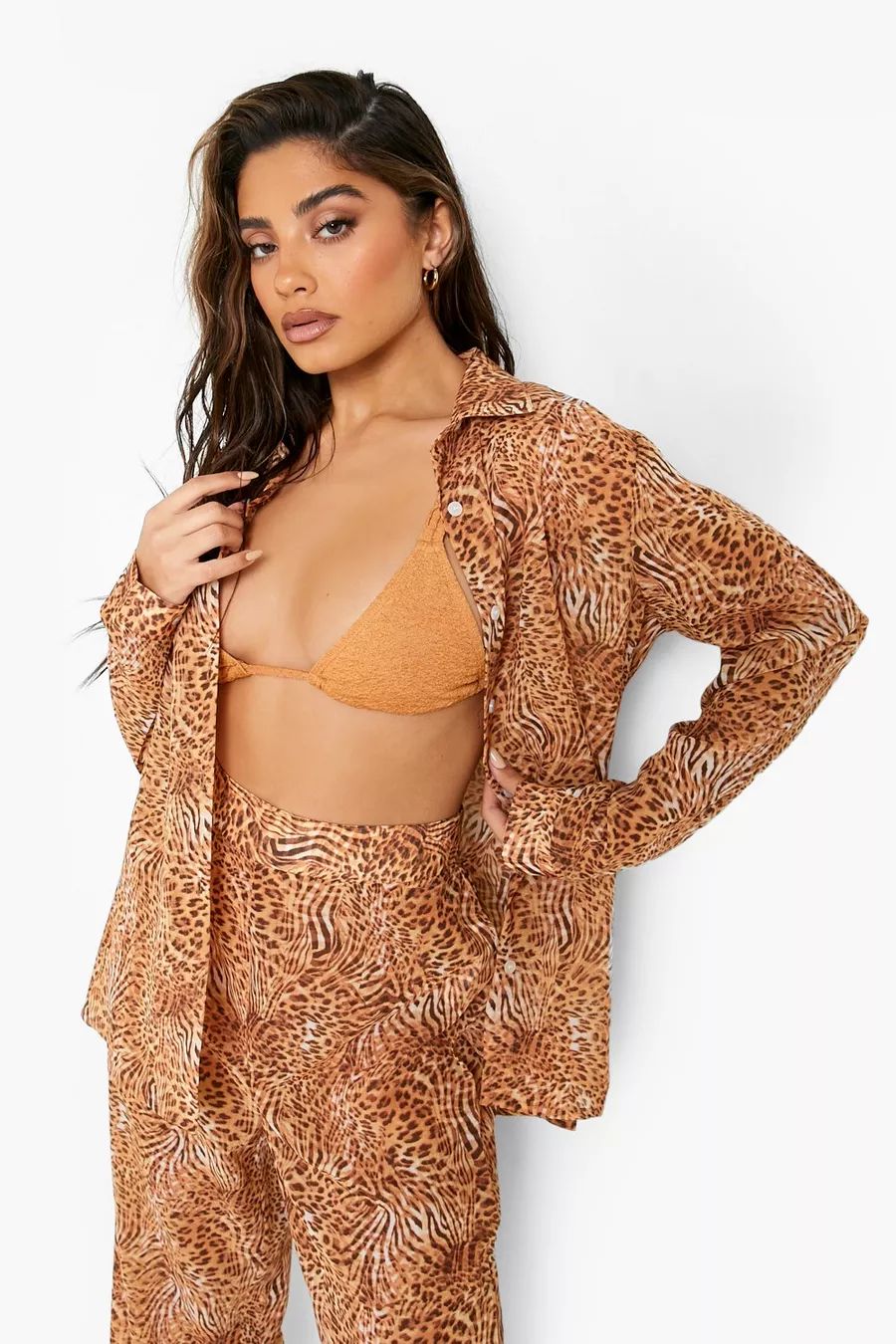 Mixed Animal Chiffon Beach Shirt | Boohoo.com (UK & IE)