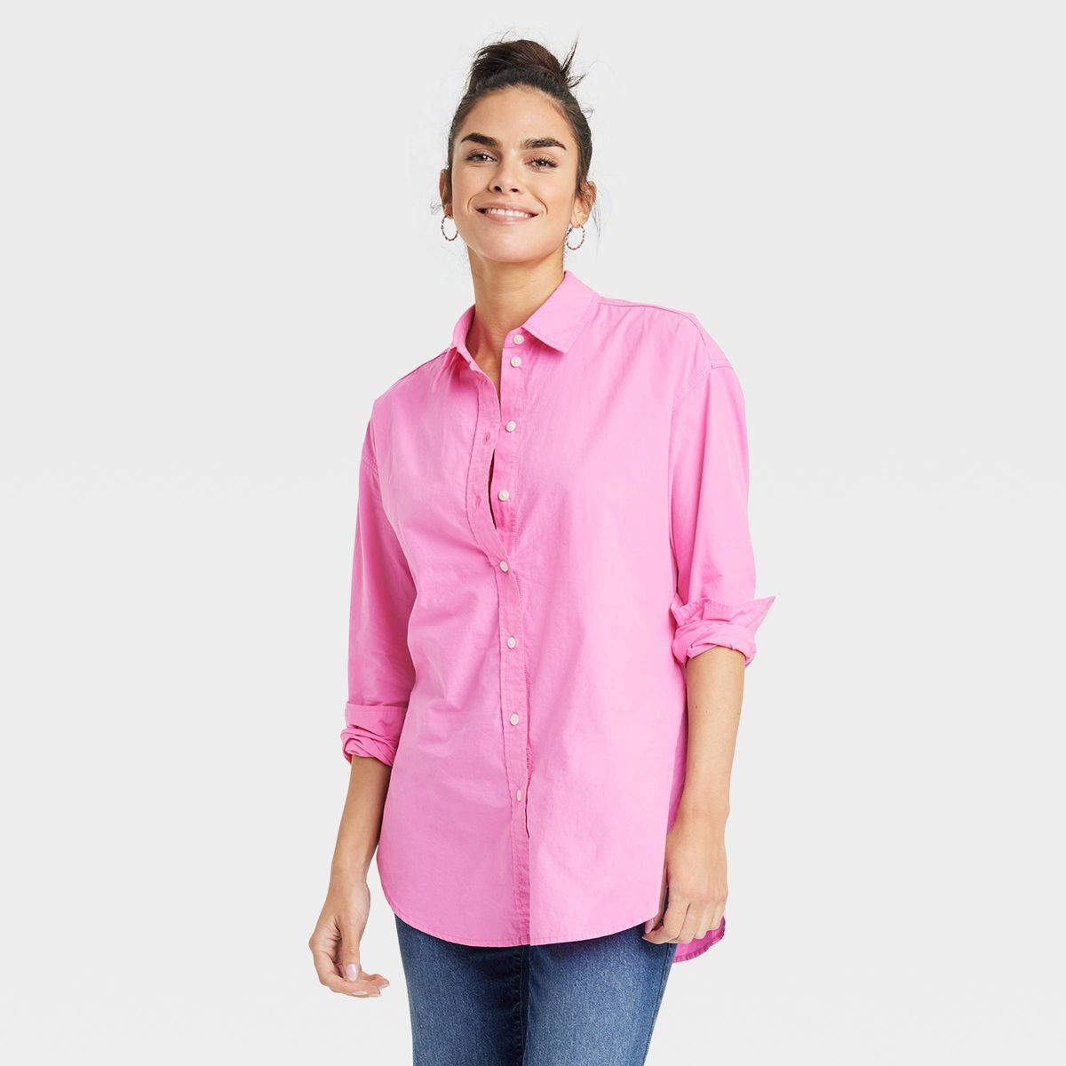 Women's Oversized Long Sleeve Collared Button-Down Shirt - Universal Thread™ Dark Pink S | Target
