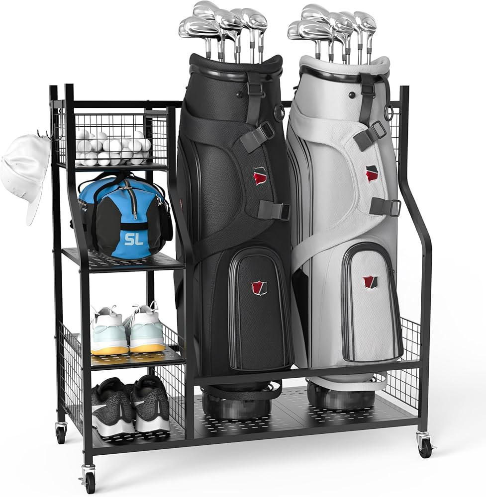 PLKOW Golf Bag Storage Garage Organizer, Extra Large Size Golf Bag Storage Stand and Golf Equipme... | Amazon (US)