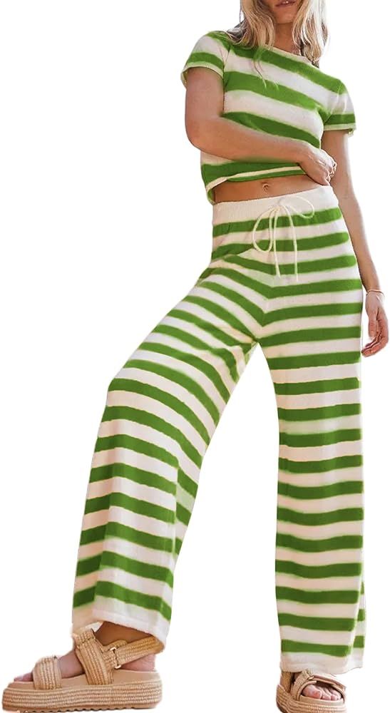 Two Piece Striped Knit Sets for Women Short Sleeve Crop Top and Wide Leg Pants Lounge Sets | Amazon (US)