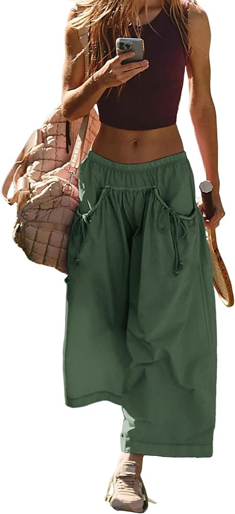 Hooever Women's Loose Wide Leg Track Pants Drawstring Pockets Elastic Waist Capri Hiking Pants | Amazon (US)